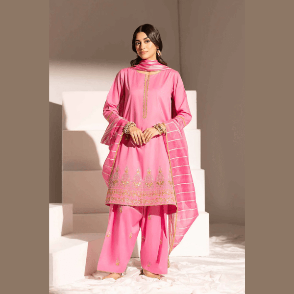 3 Piece - Embroidered Suit - PE25-156 WHITE & GOLD PASTE