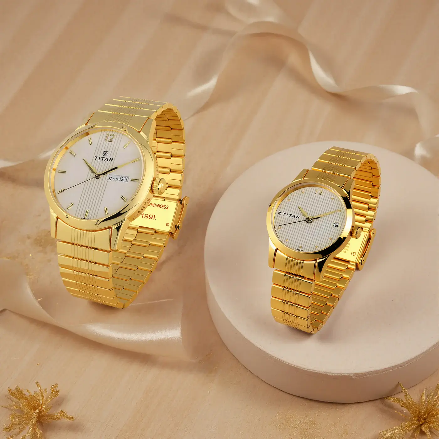 Titan Quartz Analog with Day and Date White Dial Metal Strap Watch for Couple