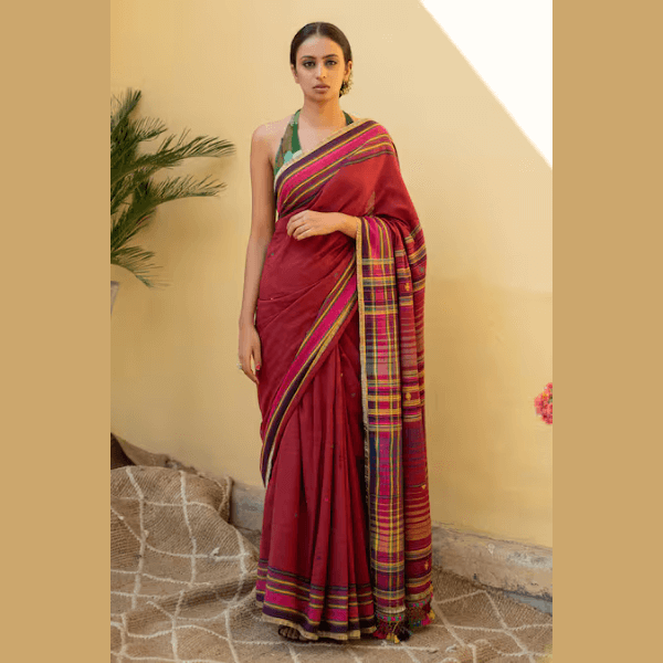 Red Cotton Aava Organic Saree With Ish Running Blouse