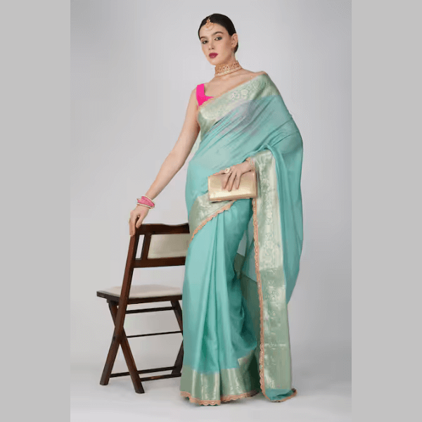 Green Silk Embroidery Floral Scallop Hem Saree Set