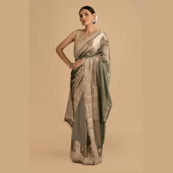 Green Crepe Sequins, Embroidery Border Saree With Unstitched Blouse Piece
