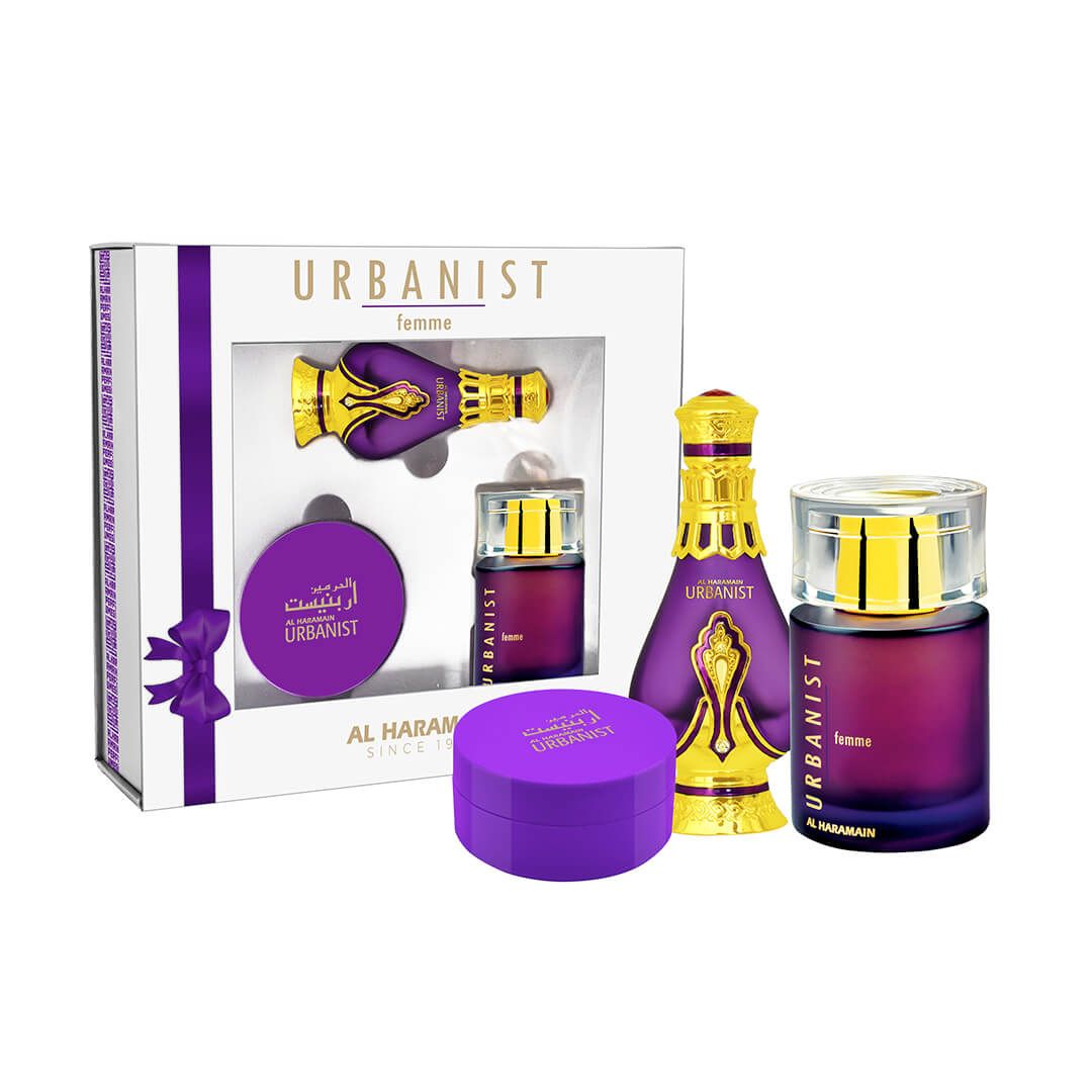Haramain Urbanist Femme Giftset (Haramain Bukhoor 40gms, Concentrated Perfume Oil 20ml, Eau De Parfum 100ml)