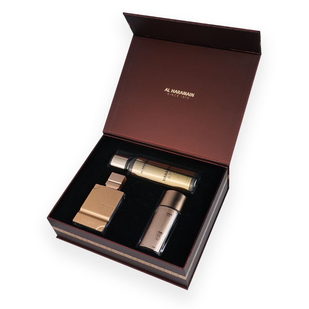 Haramain Amber Oud Gold Edition Perfume Gift Set with Body Mist (75ml + 30 ml + 250ml)