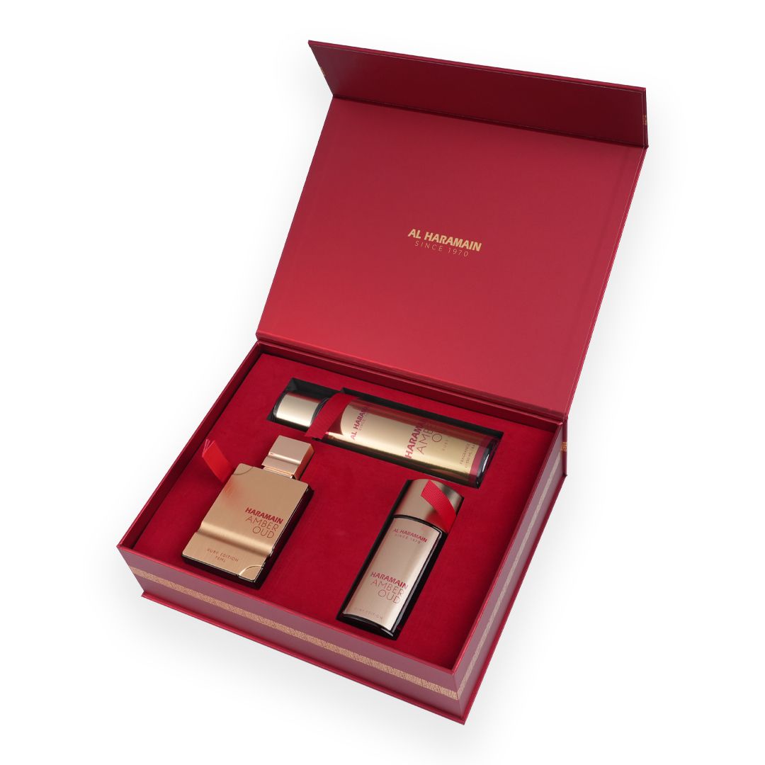 Haramain Amber Oud Ruby Edition Perfume Gift Set with Body Mist (75ml + 30 ml + 250ml)