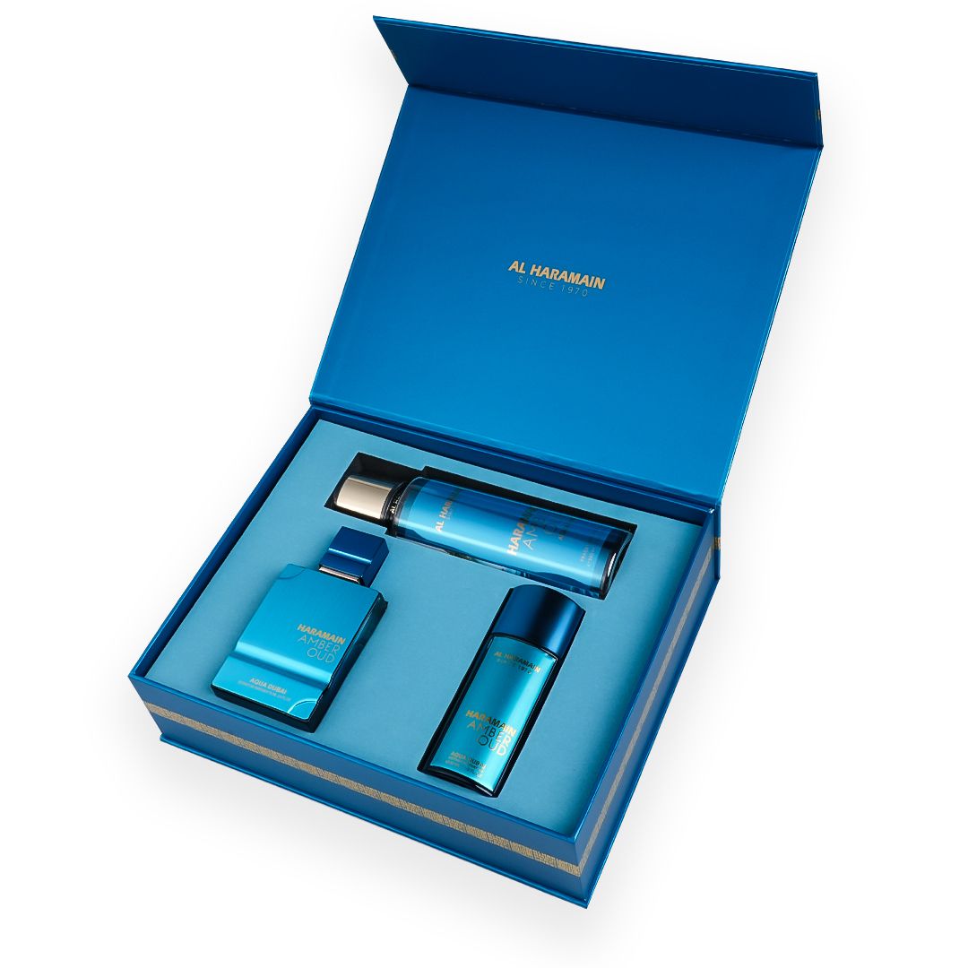 Haramain Amber Oud Aqua Dubai Perfume Gift Set with Body Mist (75ml + 30 ml + 250ml)