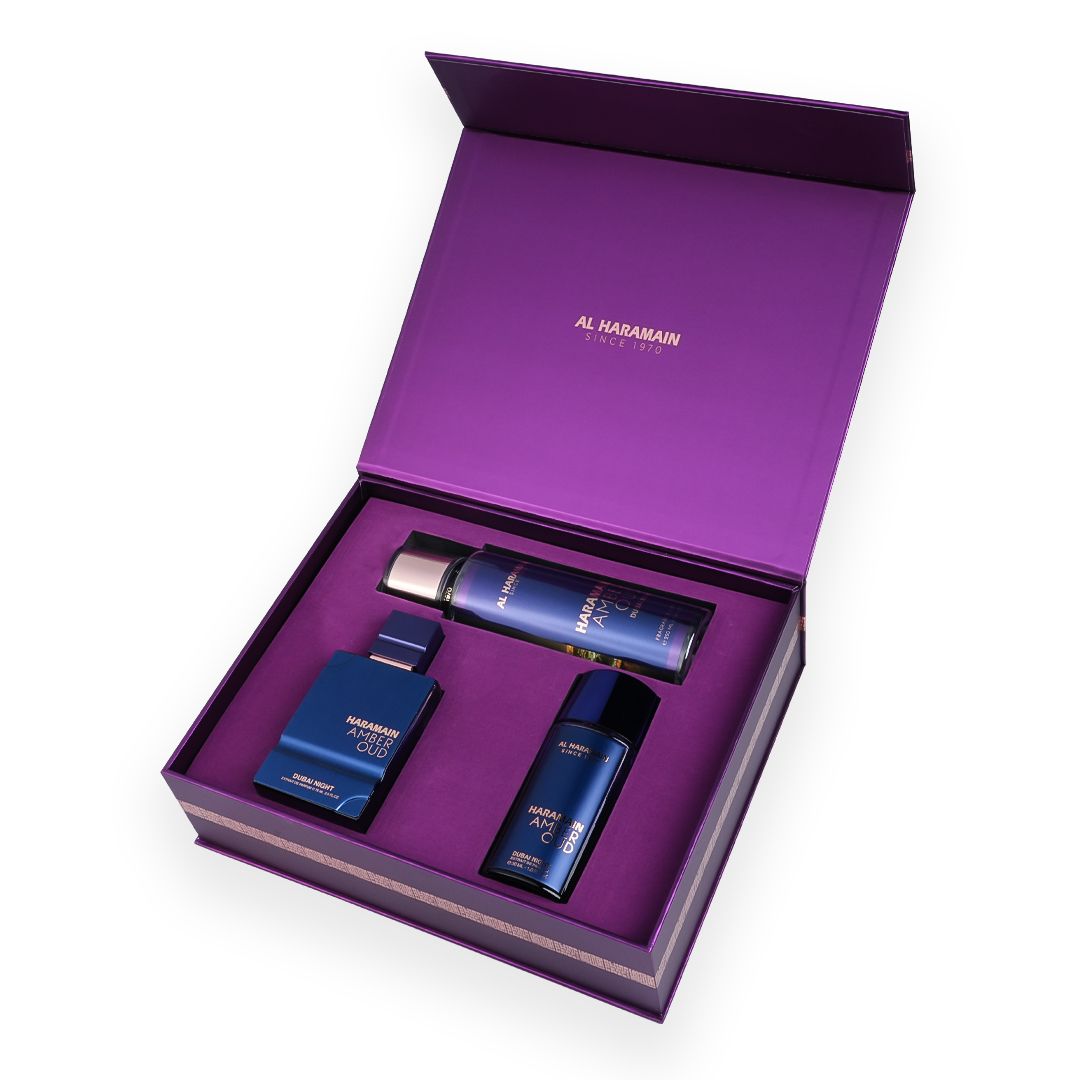 Haramain Amber Oud Dubai Night Perfume Gift Set with Body Mist (75ml + 30 ml + 250ml)