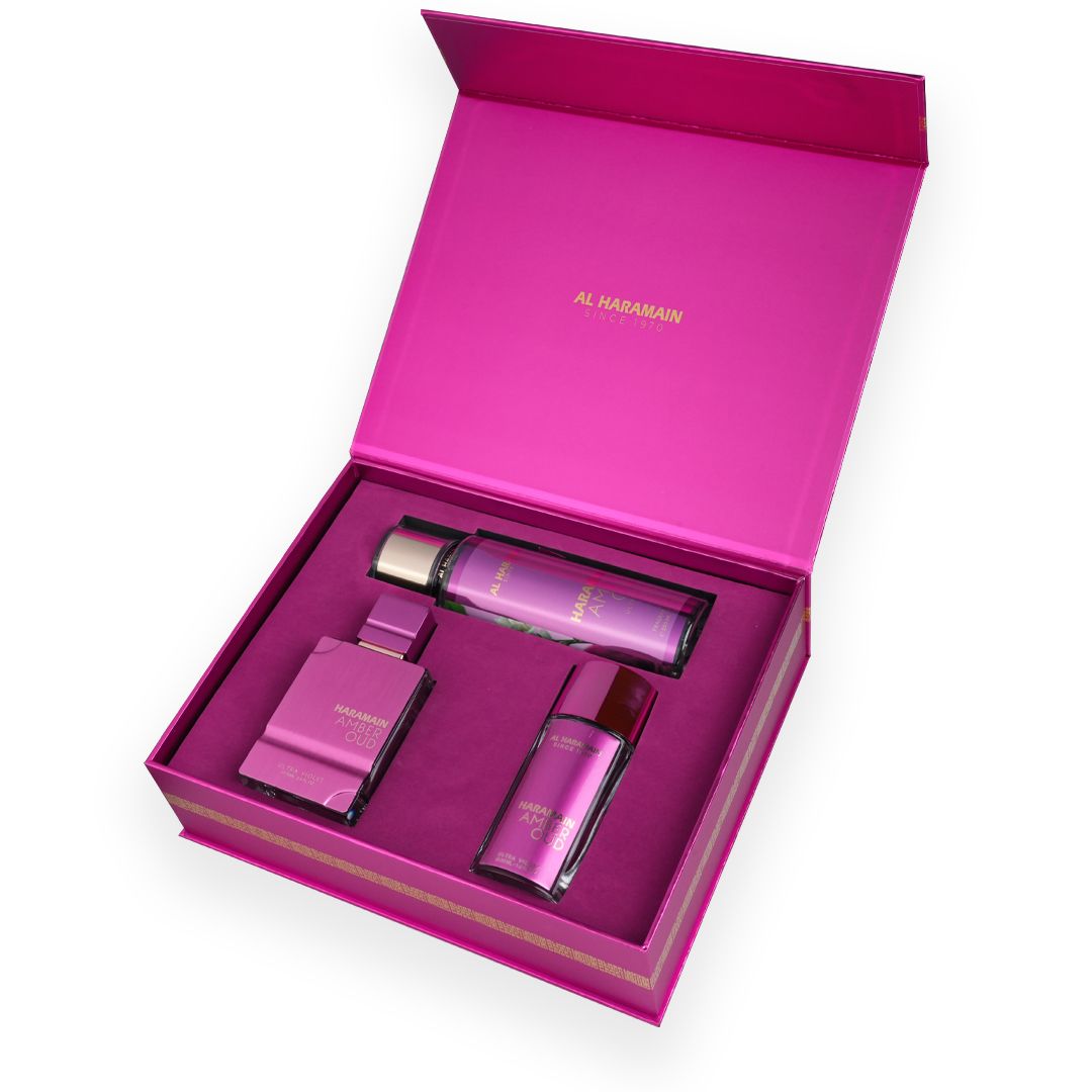 Haramain Amber Oud Ultra Violet Perfume Gift Set with Body Mist (75ml + 30 ml + 250ml)