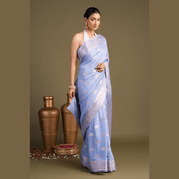 Blue Silk Pure Monga Banarasi Handloom Saree With Unstitched Blouse Piece